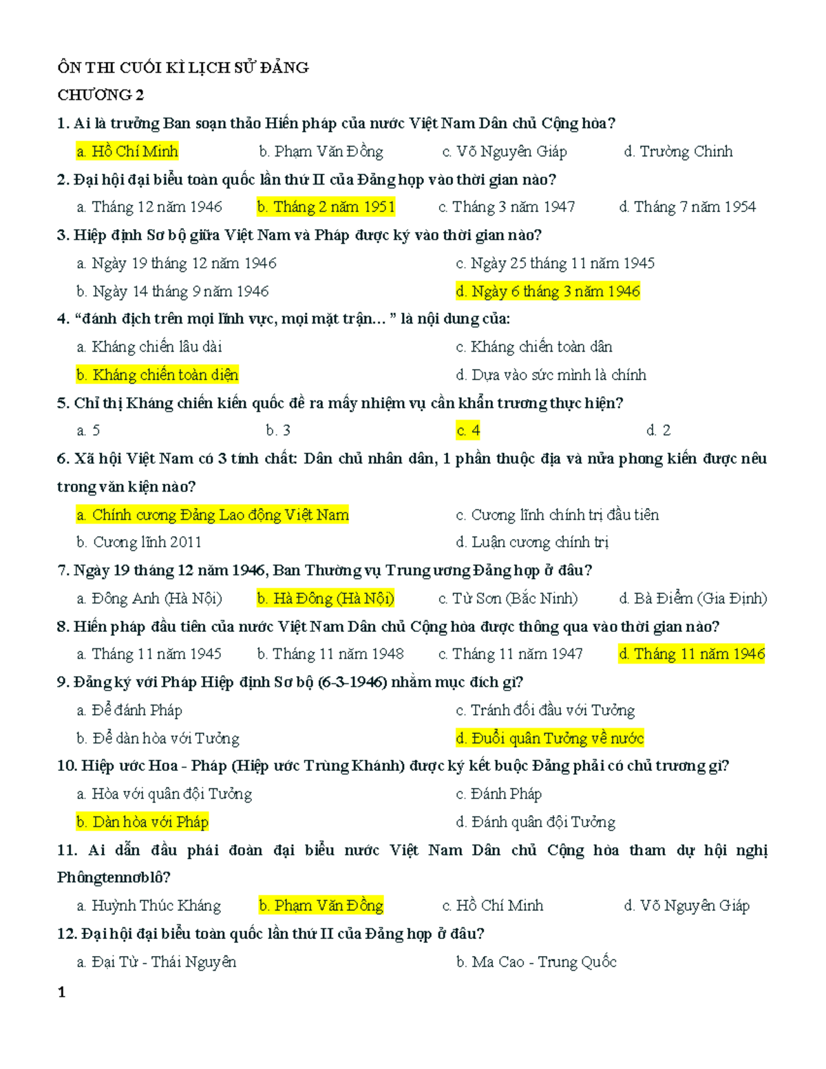 ÔN THI CUỐI KÌ LSĐ: Đáp Án Chương 2 Lịch Sử Đảng Việt Nam - Document Preview