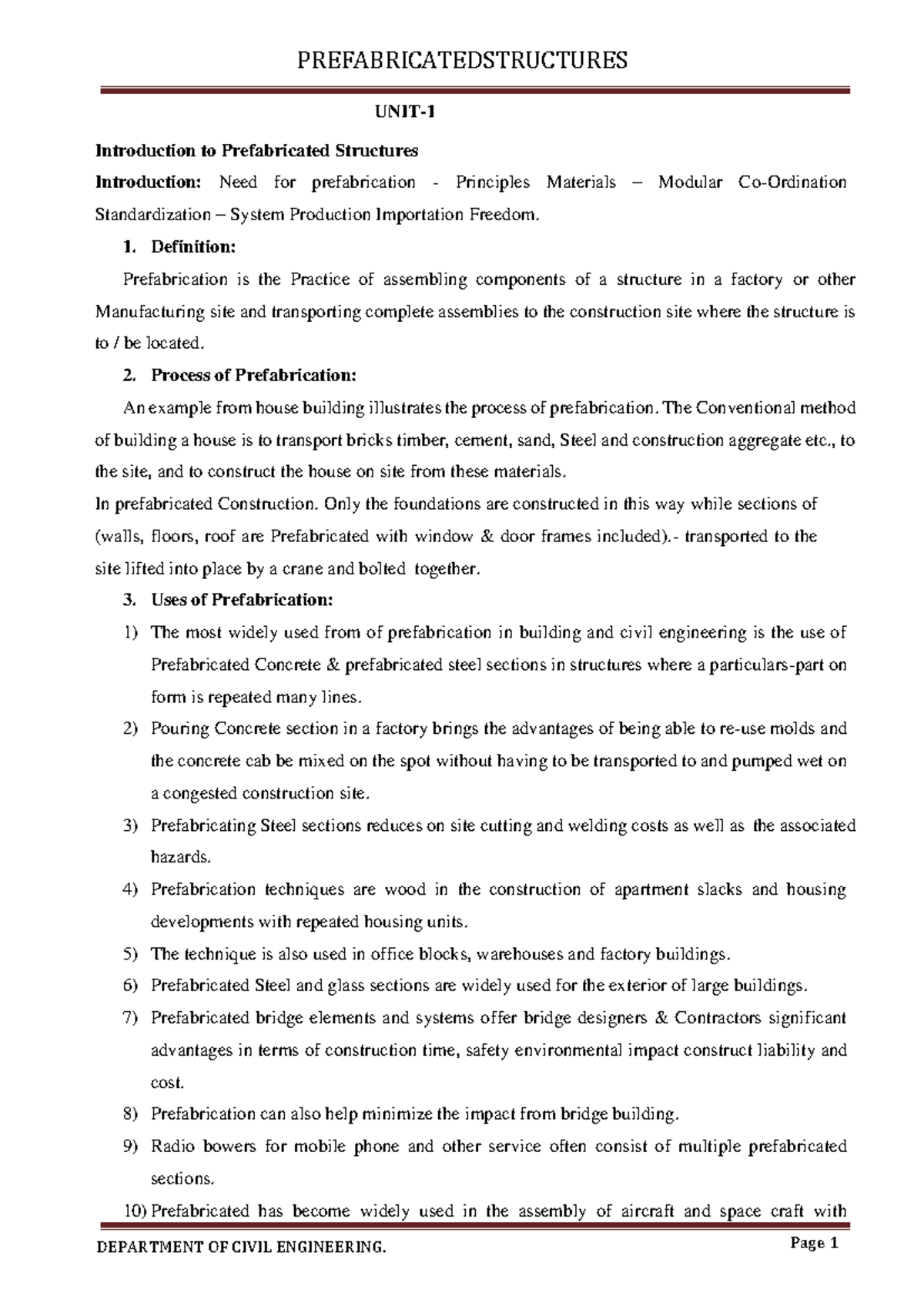 CE 101 - Prefabrication Lecture Notes: Unit 1 Overview - Studocu