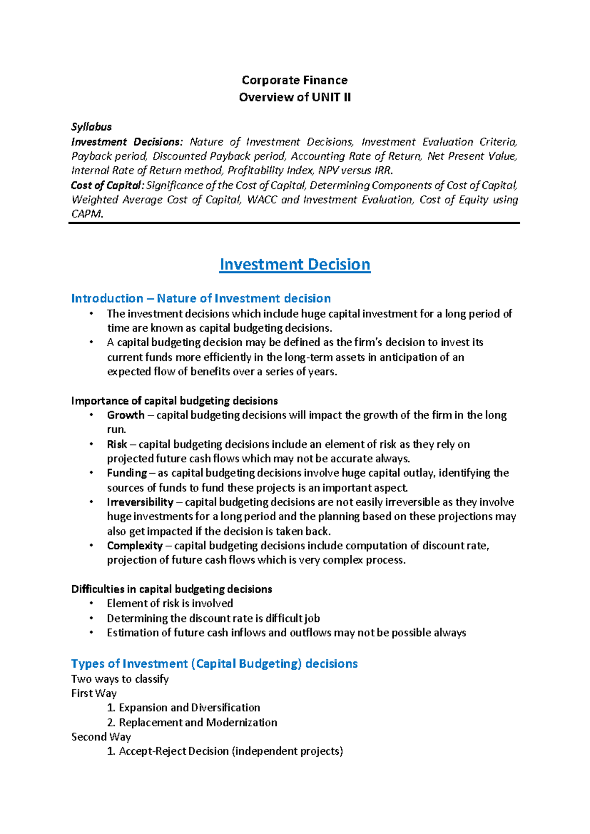 CF 101: UNIT II Investment Decisions & Cost of Capital Overview - Studocu