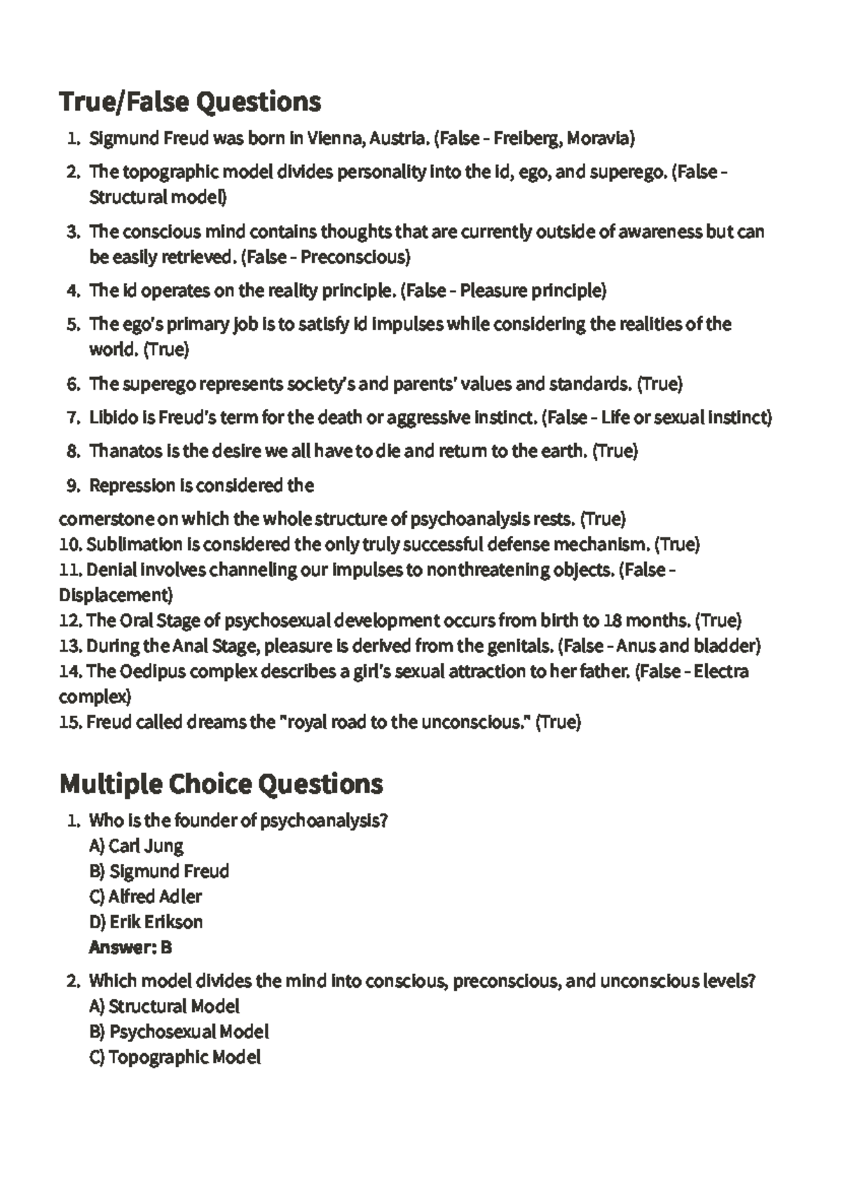 PSY 101: True/False Questions - Practice Quiz on Freud's Theories - Studocu