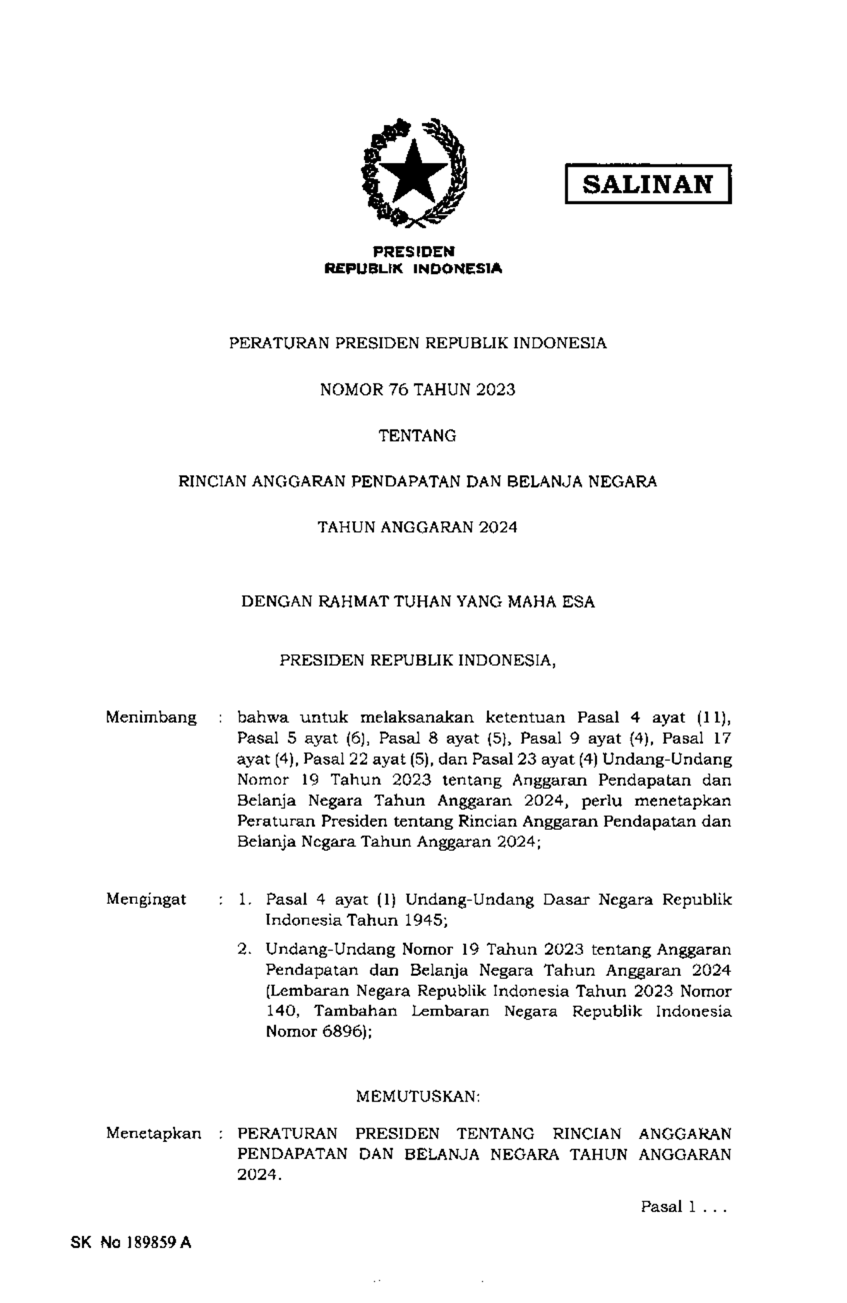 Perpres No. 76 Tahun 2023: Rincian APBN 2024 di Indonesia - Studocu