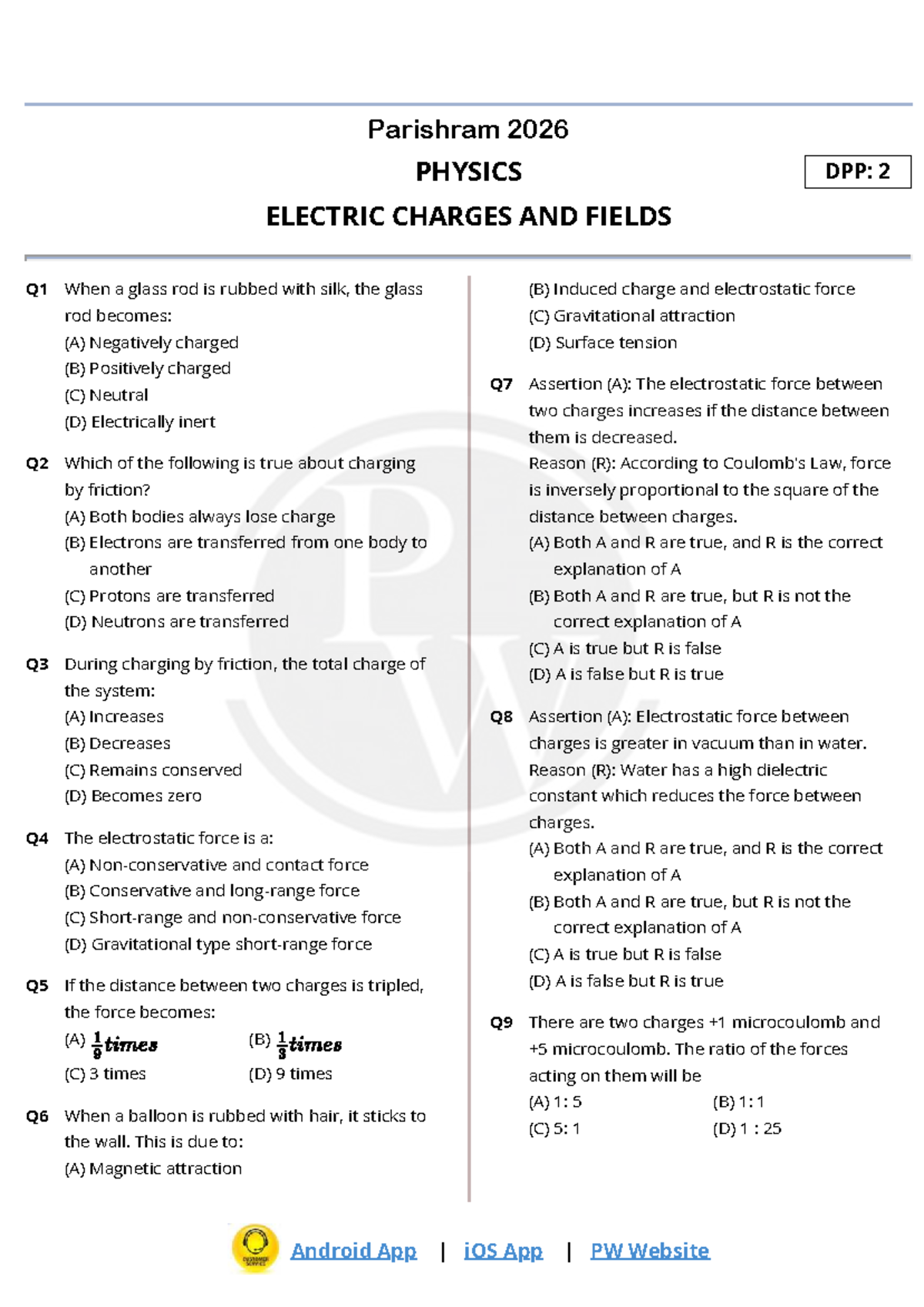 Electric Charges and Fields DPP 02 - Parishram 2026 Exam Prep - Studocu