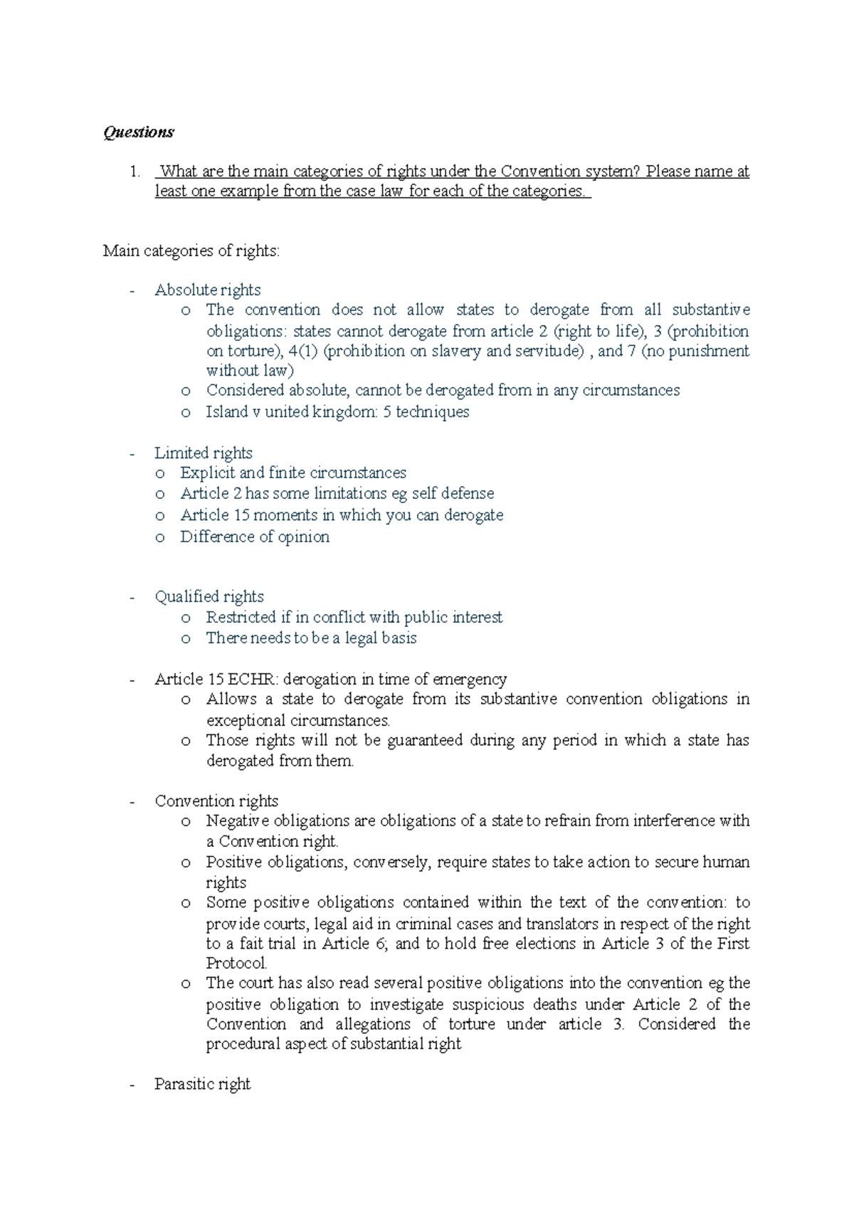 I&S Tutorial 1: Categories of Rights Under the ECHR and Case Law ...