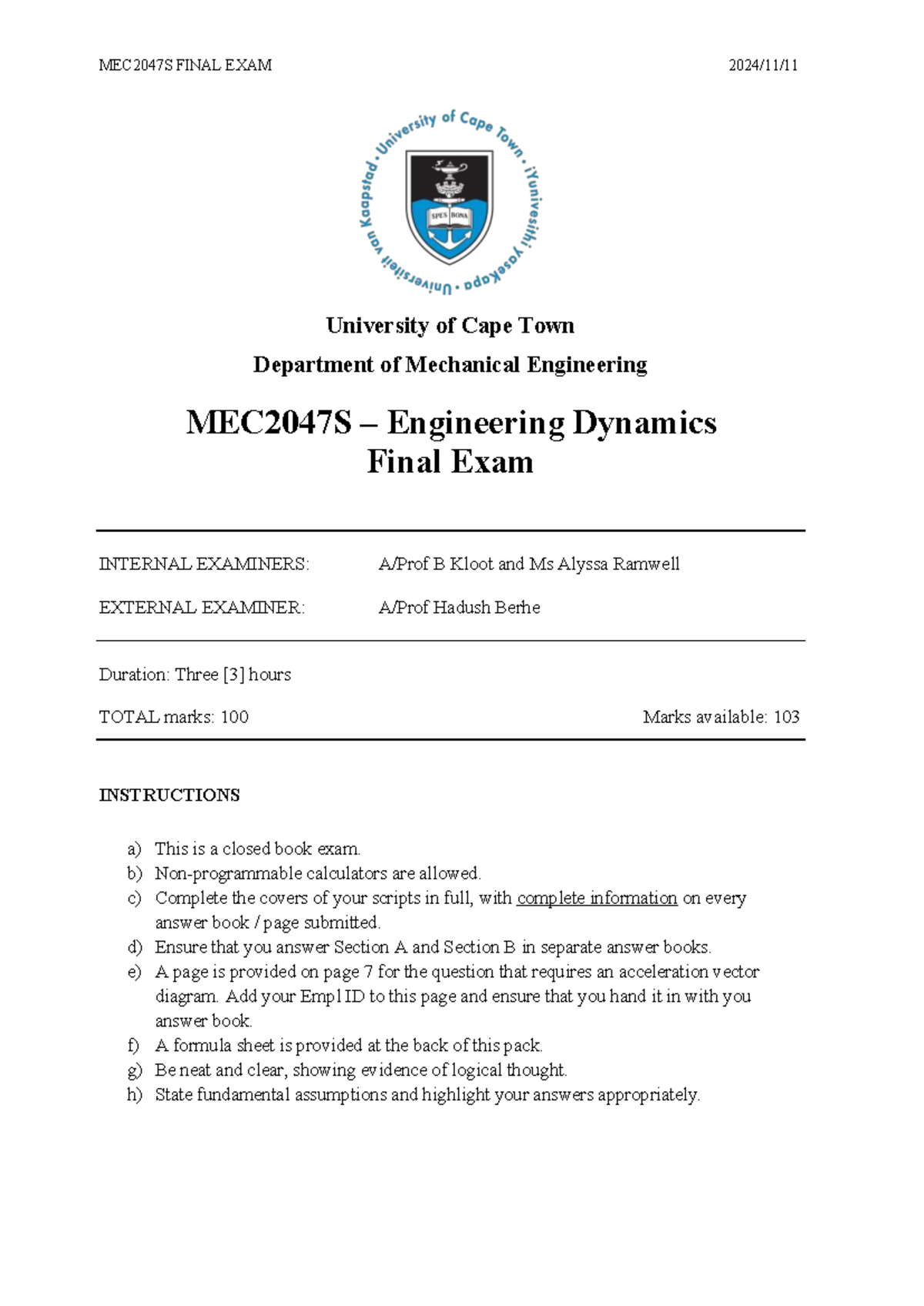 MEC2047S Engineering Dynamics Final Exam 2024 - UCT - Studocu
