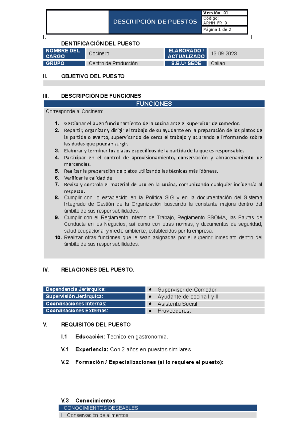 Descripción del Puesto: Cocinero - ARHH_FR_0___ - Studocu