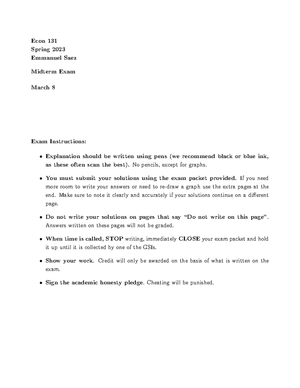 Econ 131 Spring 2023 Midterm Exam Instructions and Practice Questions ...