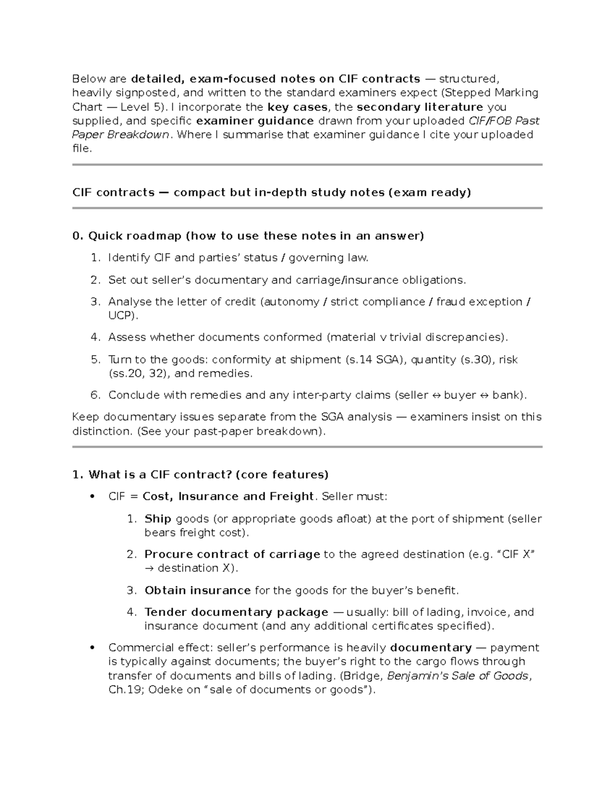 CIF Contracts Study Notes: Key Cases & Exam Tips (Level 5) - Studocu