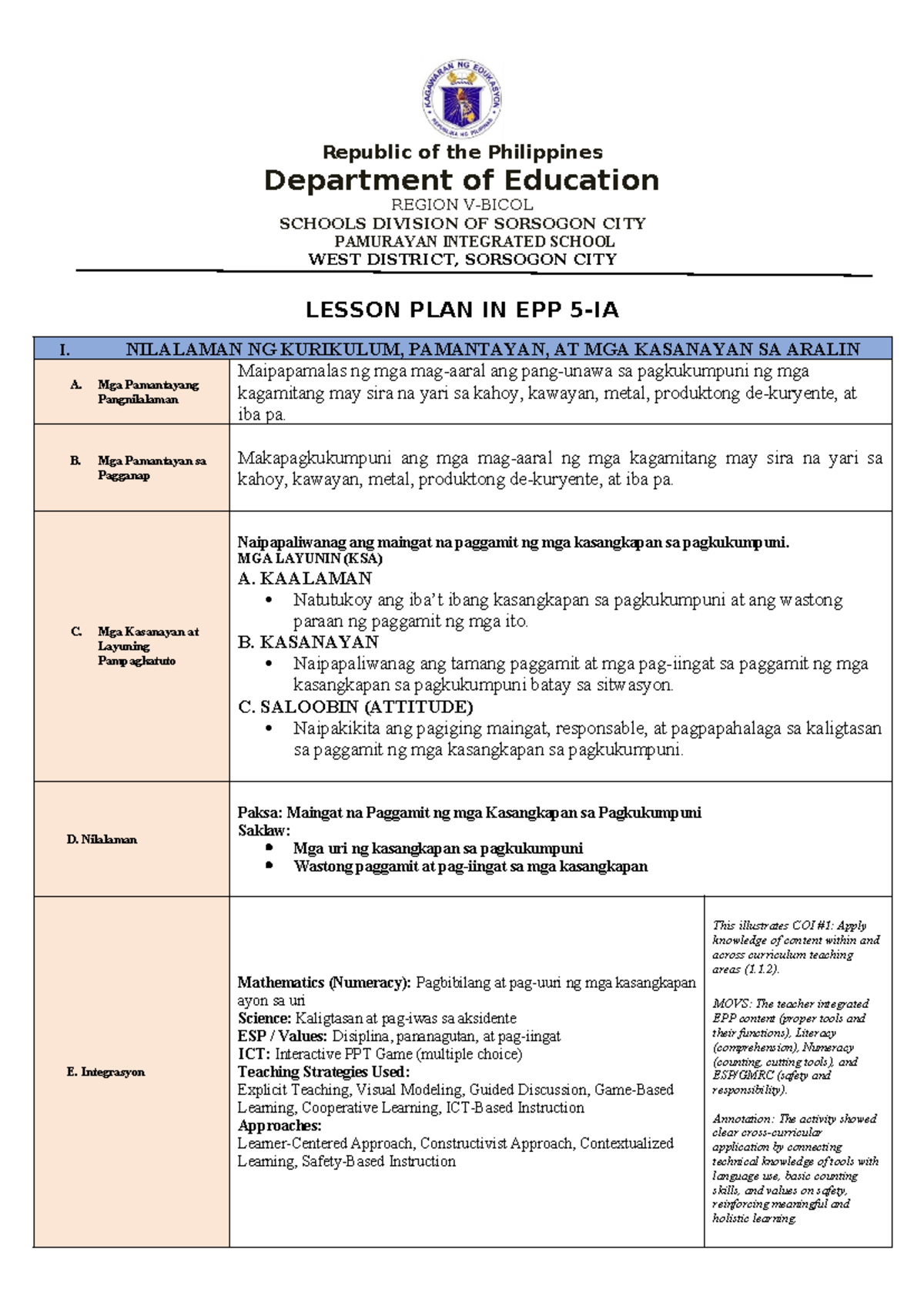 EPP 5 Lesson Plan: Maingat na Paggamit ng mga Kasangkapan sa ...