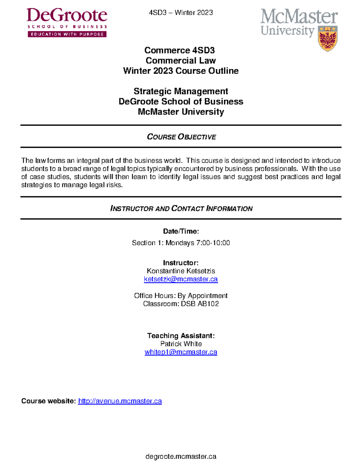 COMM4SD3 Winter 2023 Commercial Law Course Outline and Schedule - Studocu