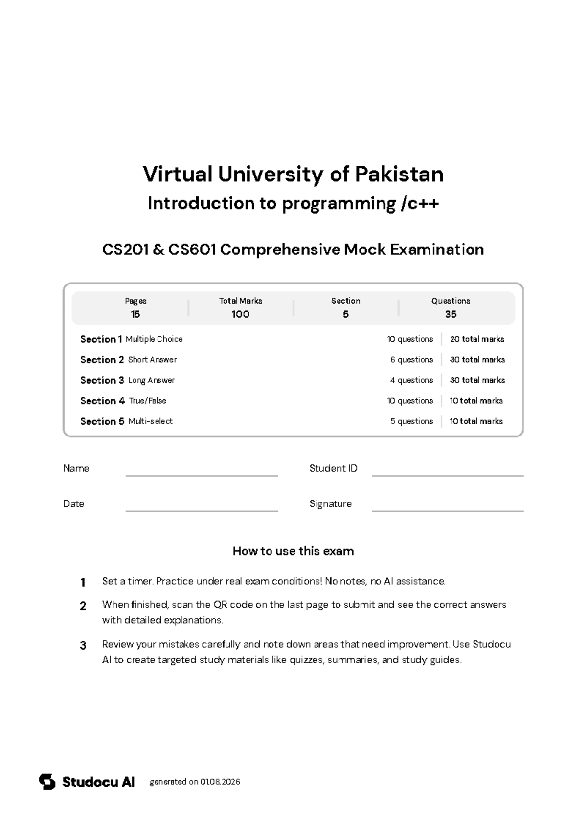 CS201 & CS601 Comprehensive Mock Exam - Studocu