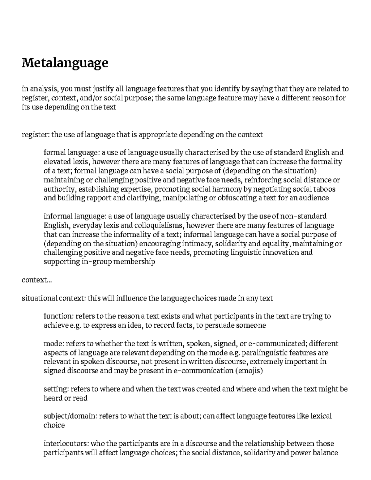 Metalanguage Concepts for English Language U3/4 Analysis Guide - Studocu