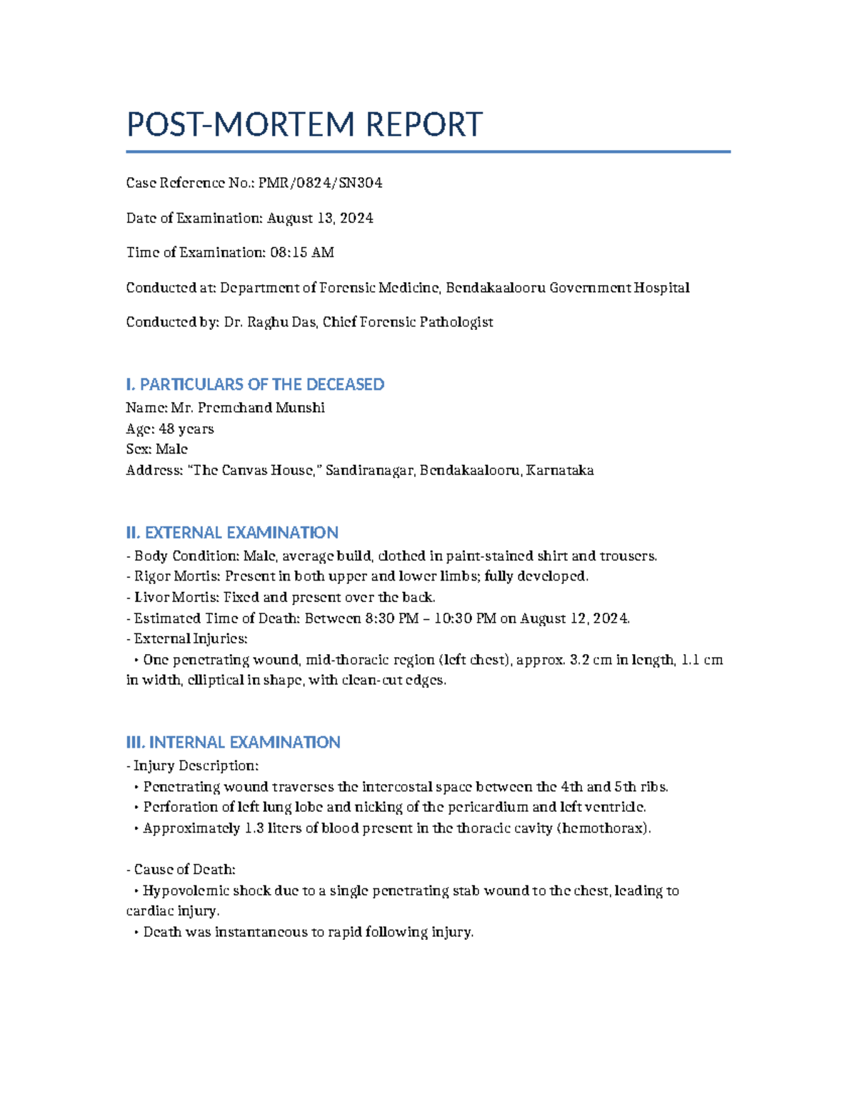 Post Mortem Report - Case No. 2024/PMR/Forensic Medicine - Studocu