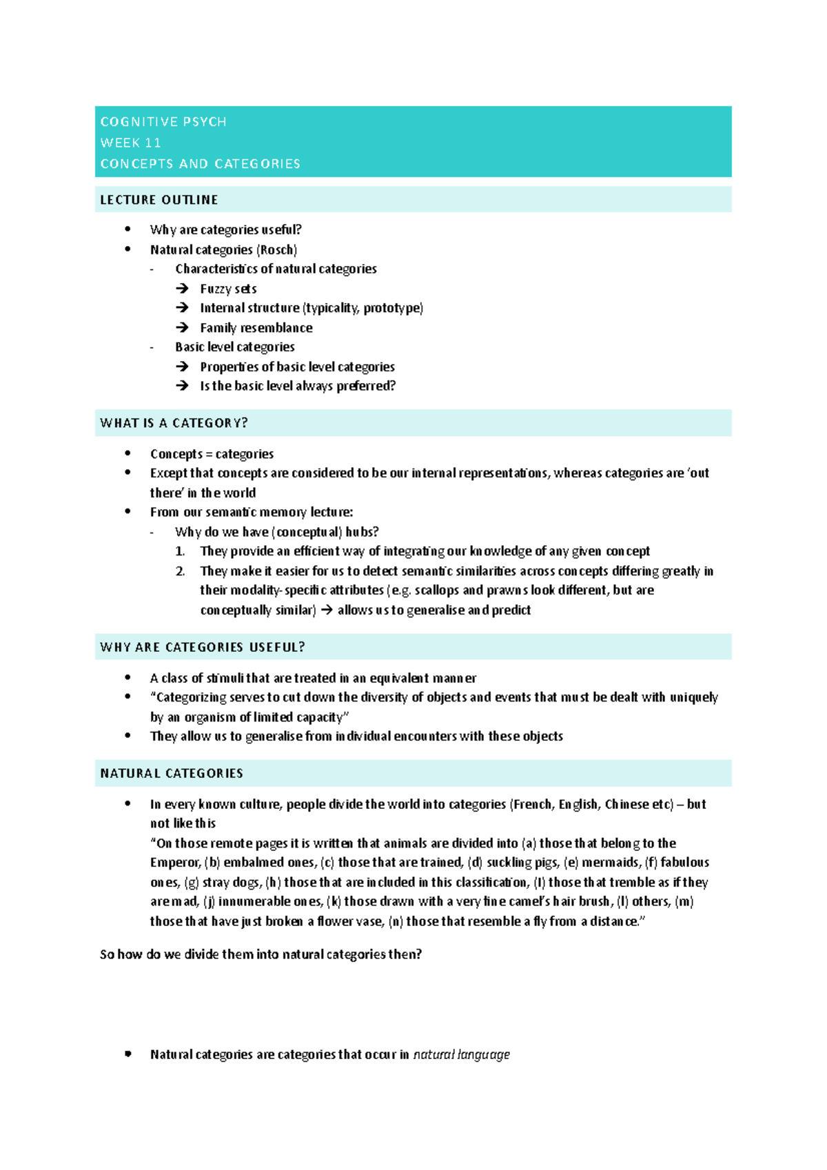 Week 11 concepts and categories - COGNITIVE PSYCH WEEK 11 CONCEPTS AND ...