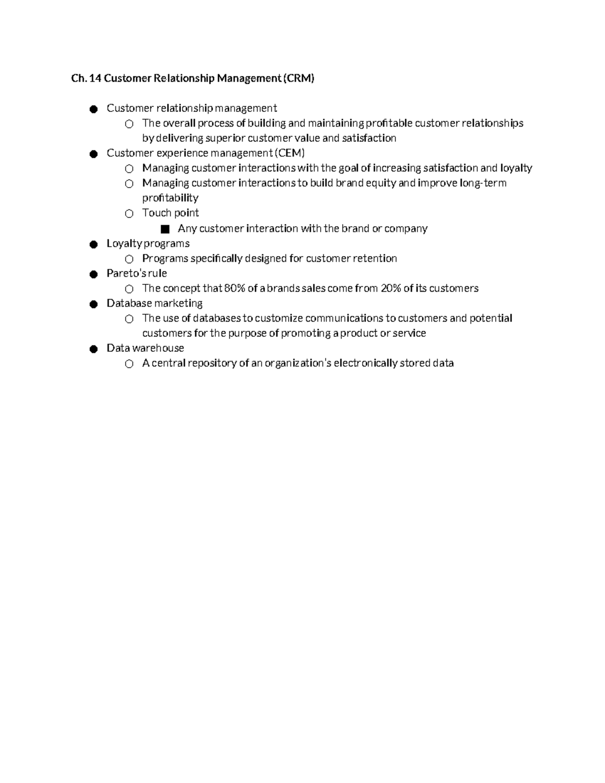 Final Notes - Ch. 14 Customer Relationship Management (CRM) Customer ...