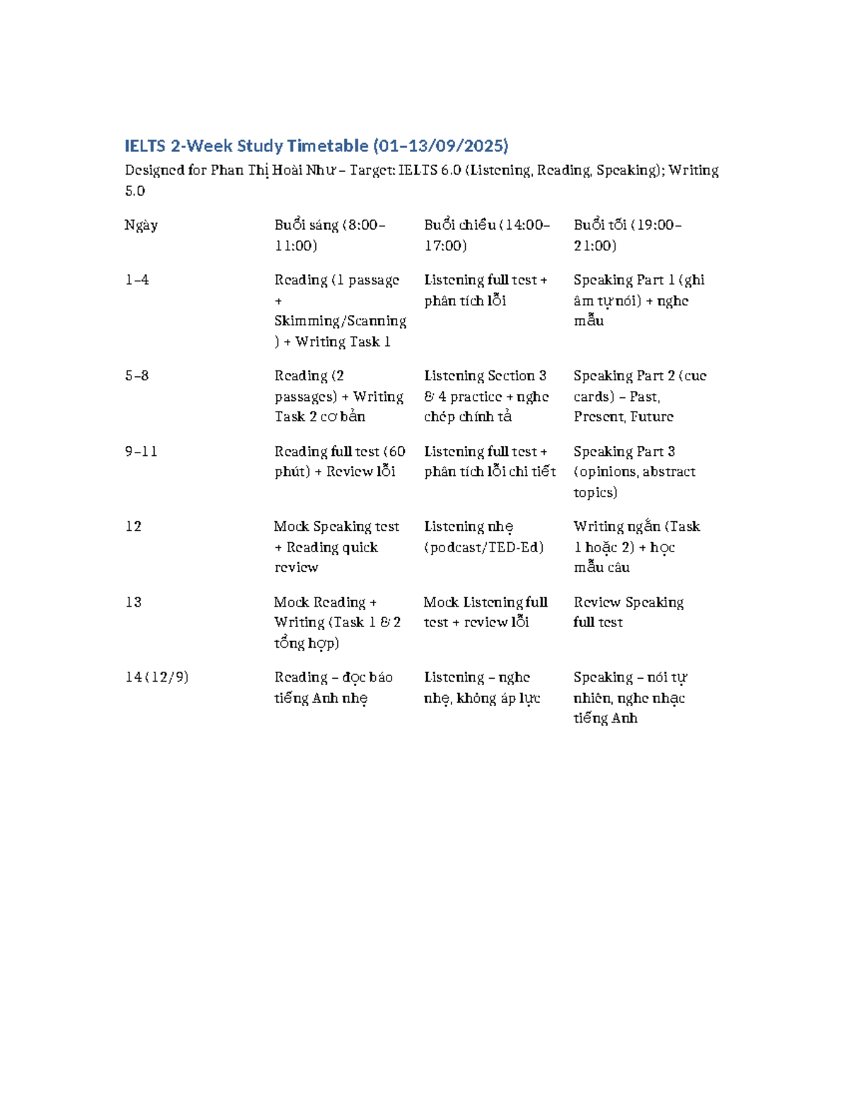 IELTS 2-Week Study Timetable for Target 6.0 Preparation - Studocu