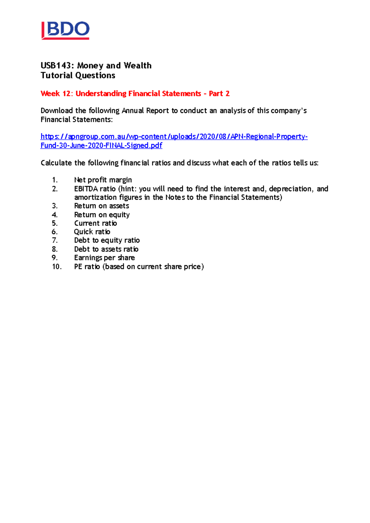 USB143: Tutorial Solutions - Week 12 (Understanding Financial ...