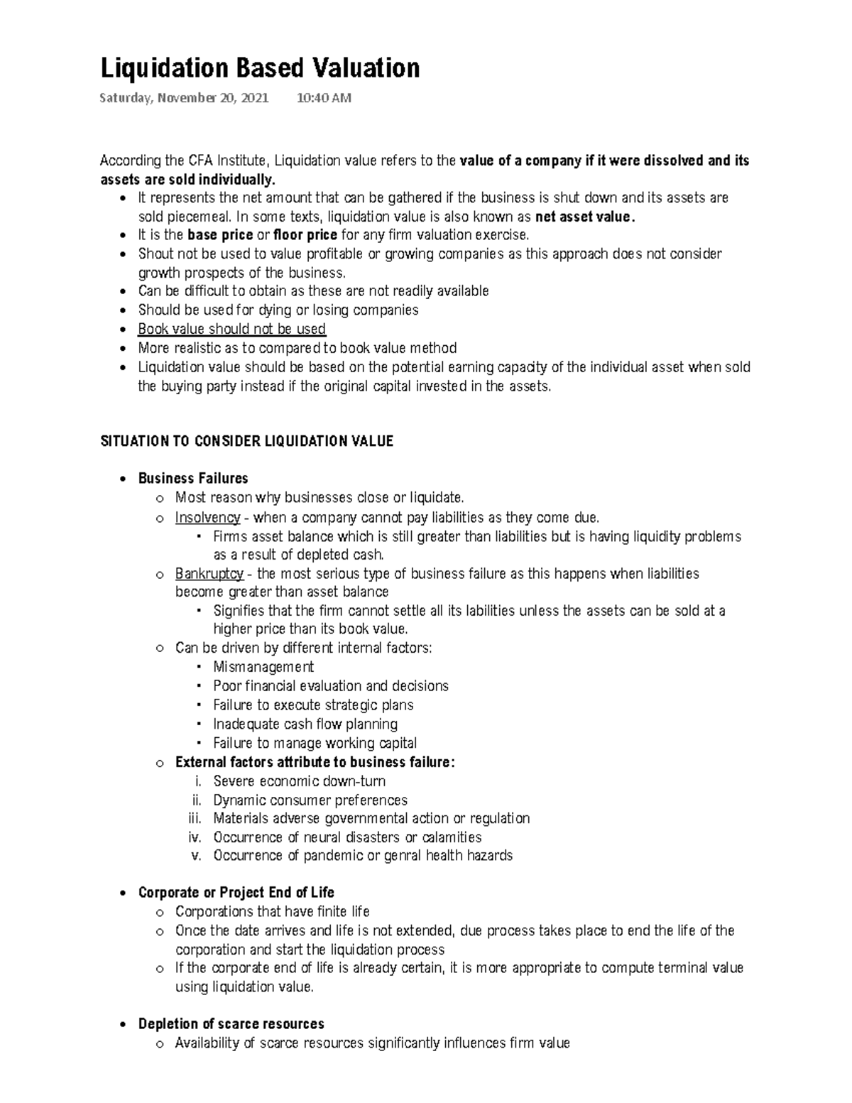 Liquidation Based Valuation - According the CFA Institute, Liquidation ...