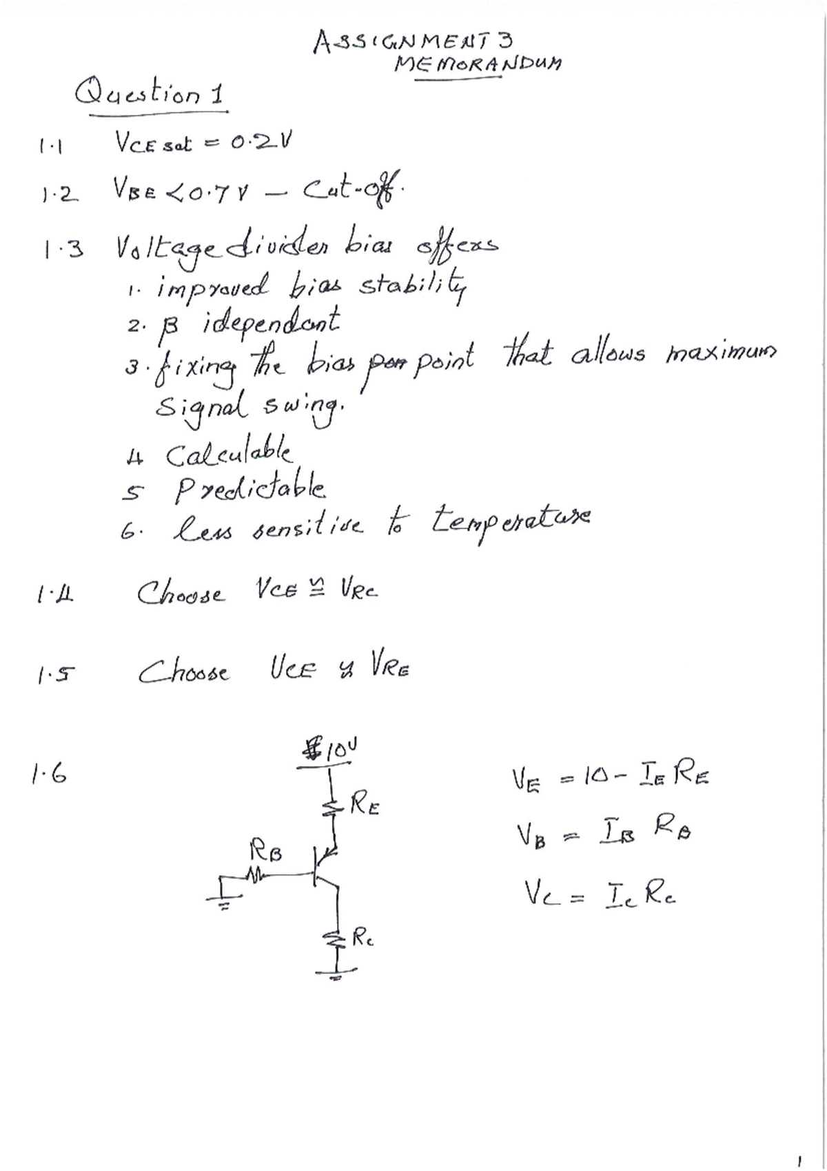 Assignment 3 Memo: VCE, VBE, and Bias Stability Analysis - Studocu