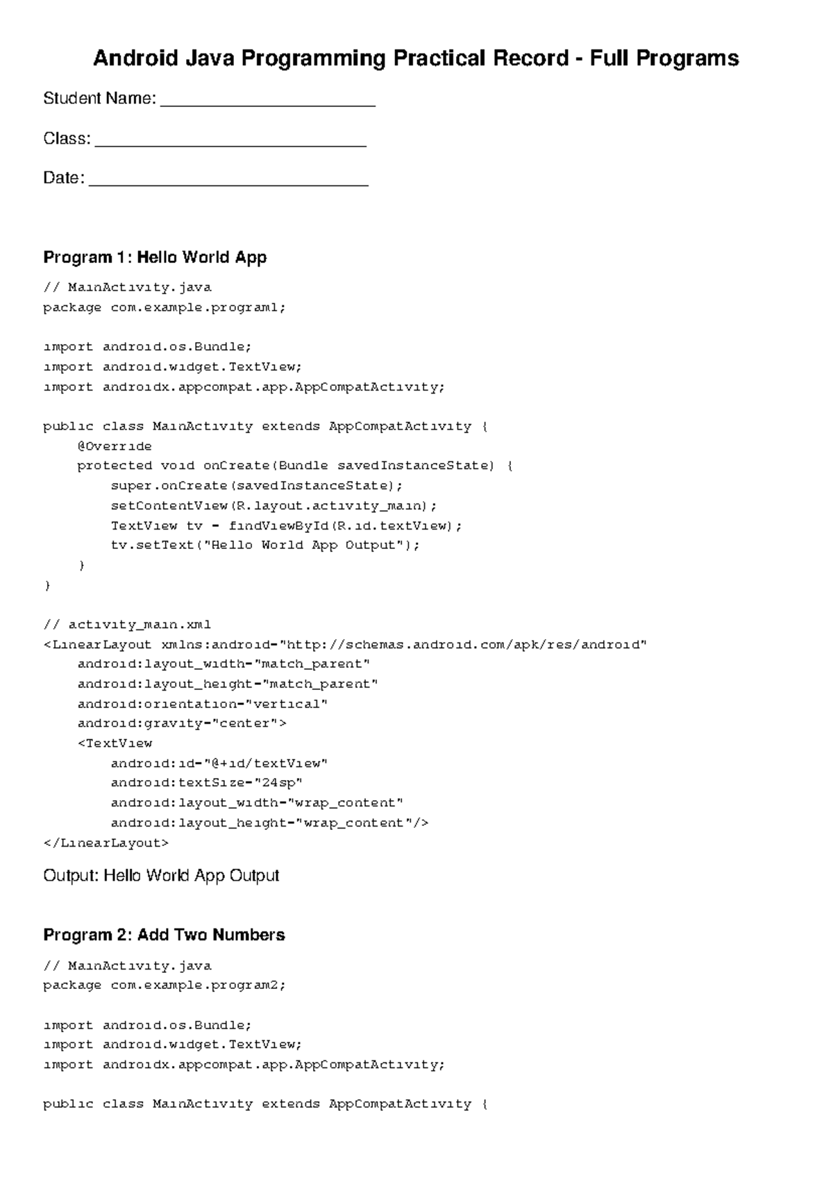 Android Java Programming Practical Record: 30 Full Programs - Studocu