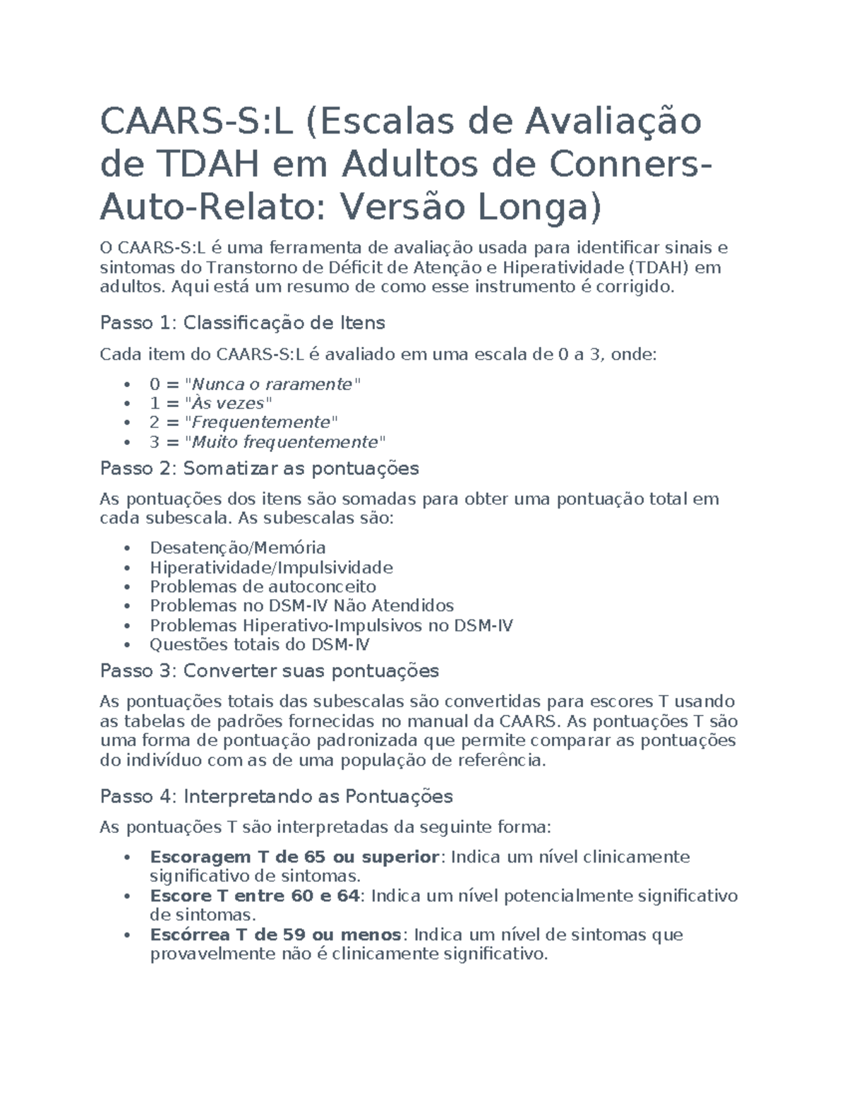 Correção da Escala CAARS para TDAH em Adultos - Studocu