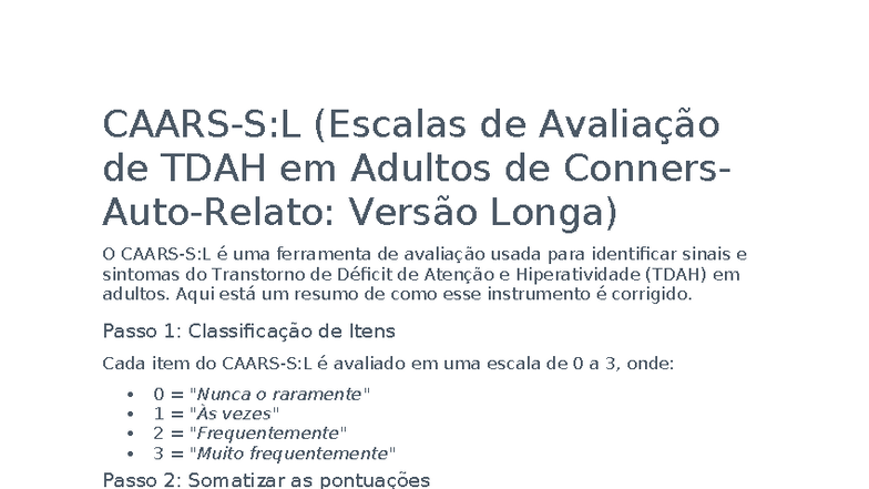 Correção da Escala CAARS para TDAH em Adultos - Studocu