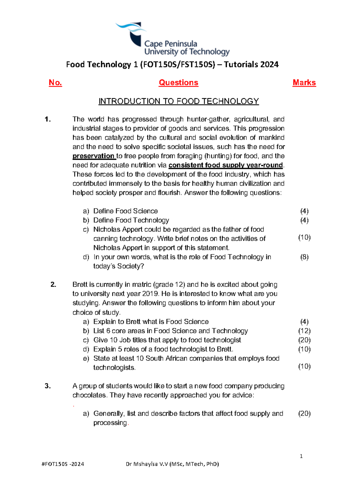 Food Technology 1 (FOT150S) - Introductory Tutorial Questions 2024 ...