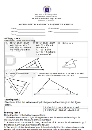 Answer sheet math 9 week 5 - Bachelor in Secondary Education - p ...