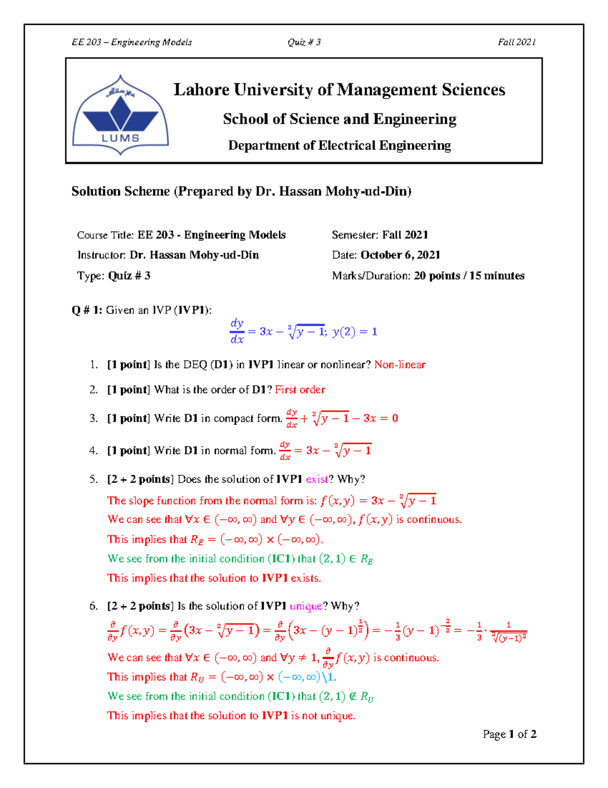 EE 203 - Engineering Models Quiz #3 Solutions Fall 2021 - Studocu