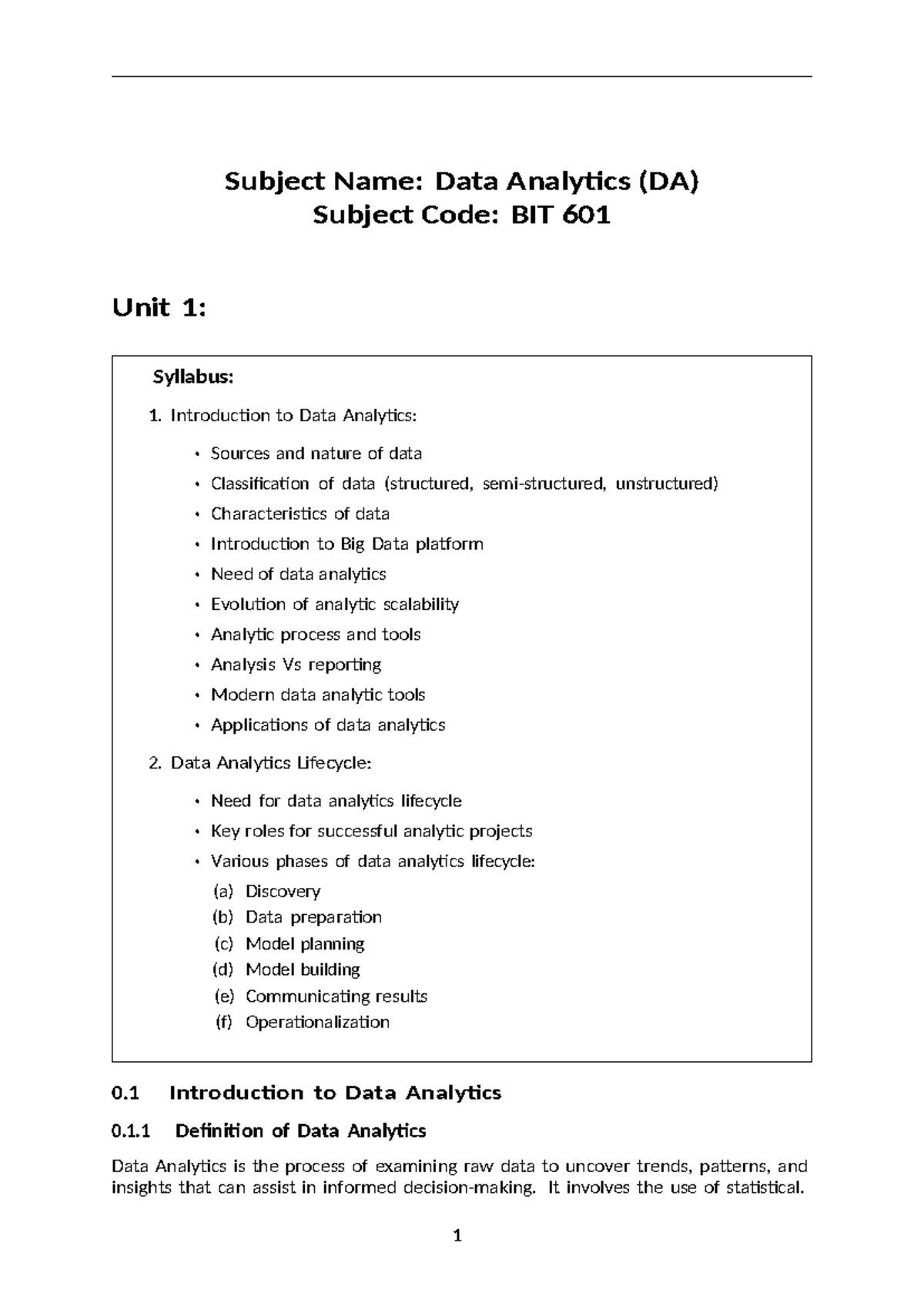 Data Analytics (DA) BIT 601: Comprehensive Unit 1 Notes - Studocu