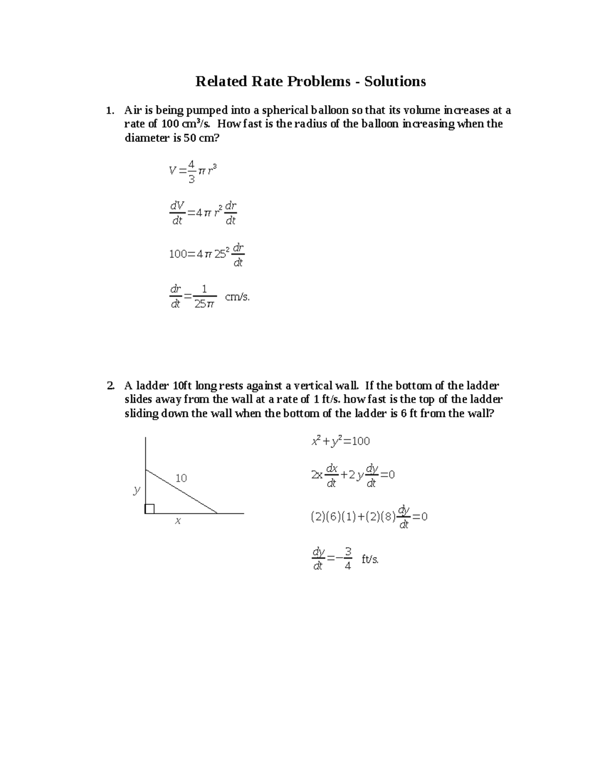 Ch3-9 Related Rate Problems Solutions for Math Course - Studocu
