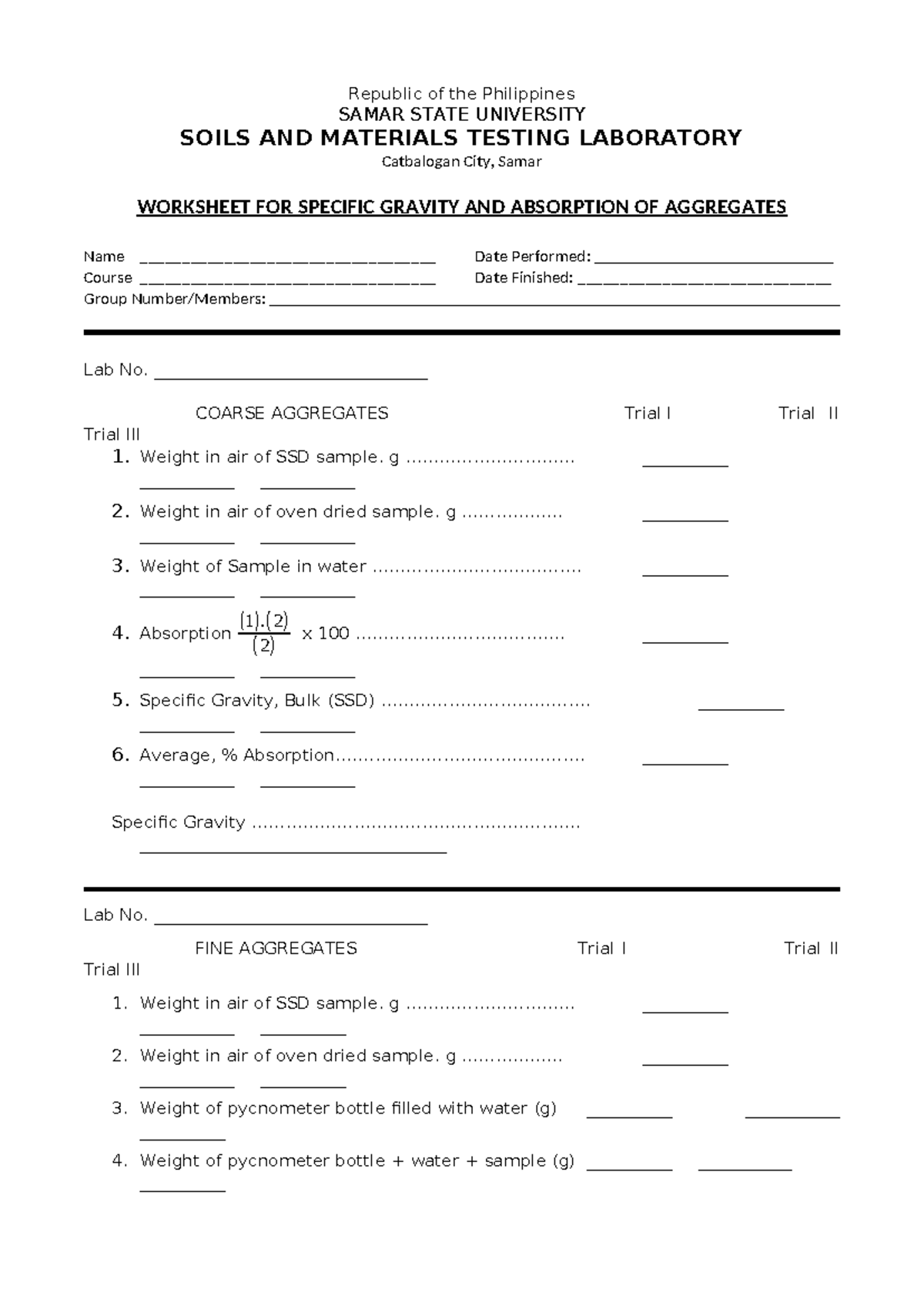 Worksheet - Geotechnical Engineering Lab: Specific Gravity & Unit ...