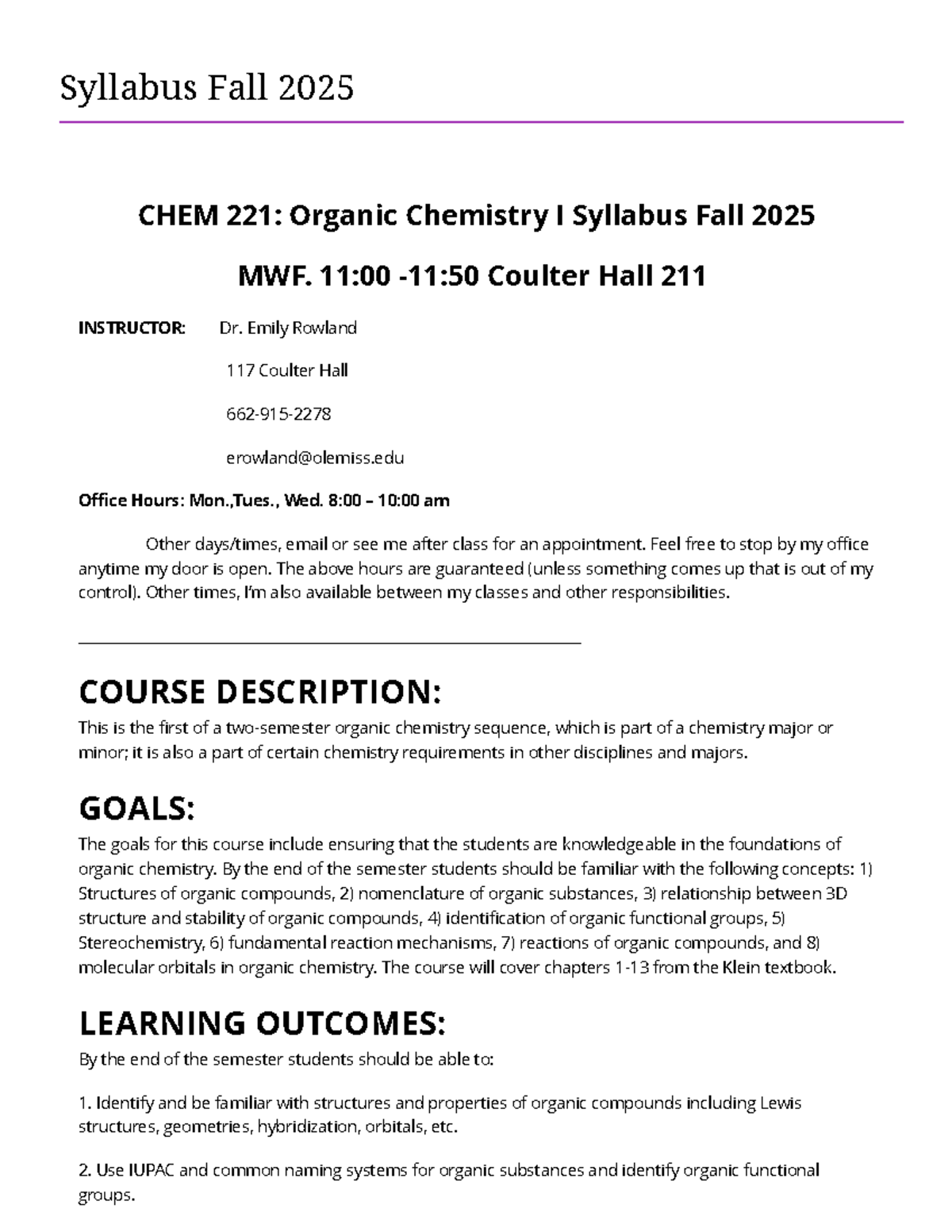 Syllabus Fall 2025 CHEM 221: Organic Chemistry I Overview - Studocu