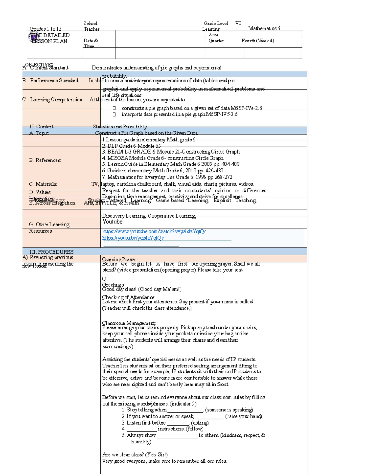 Grade 6 Math Lesson Plan: Constructing Pie Graphs and Probability - Studocu
