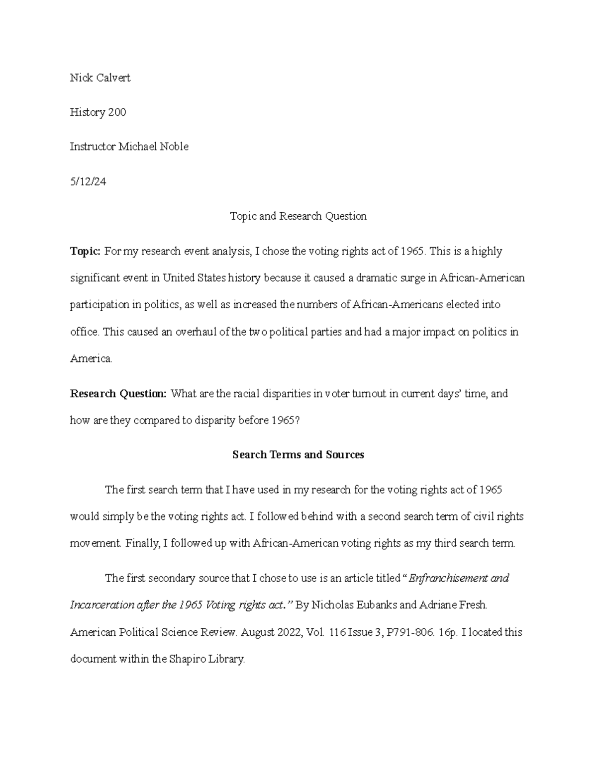 Nick Calvert Writing plan progress check - Nick Calvert History 200 ...