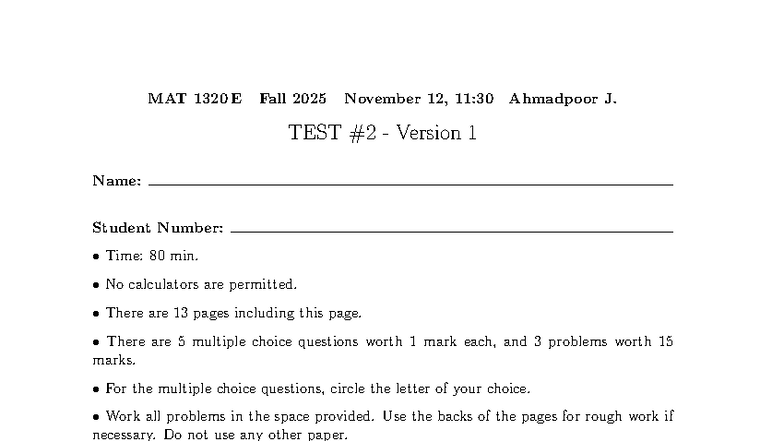 MAT 1320 E Fall 2025 Midterm Exam Version 1 - Studocu