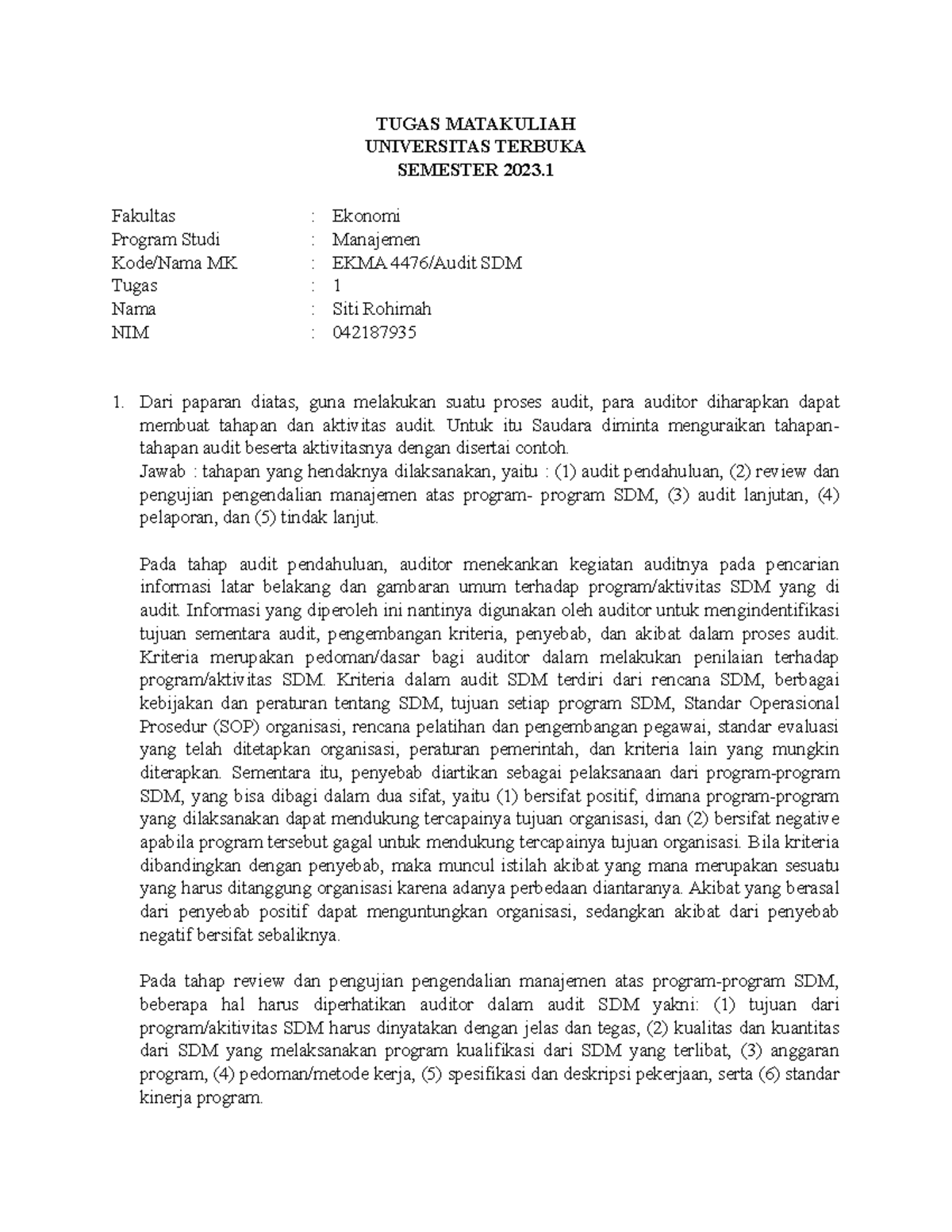 Tugas 1 Tahapan Dan Aktivitas Audit Sdm Mk Ekma 4476 Studocu