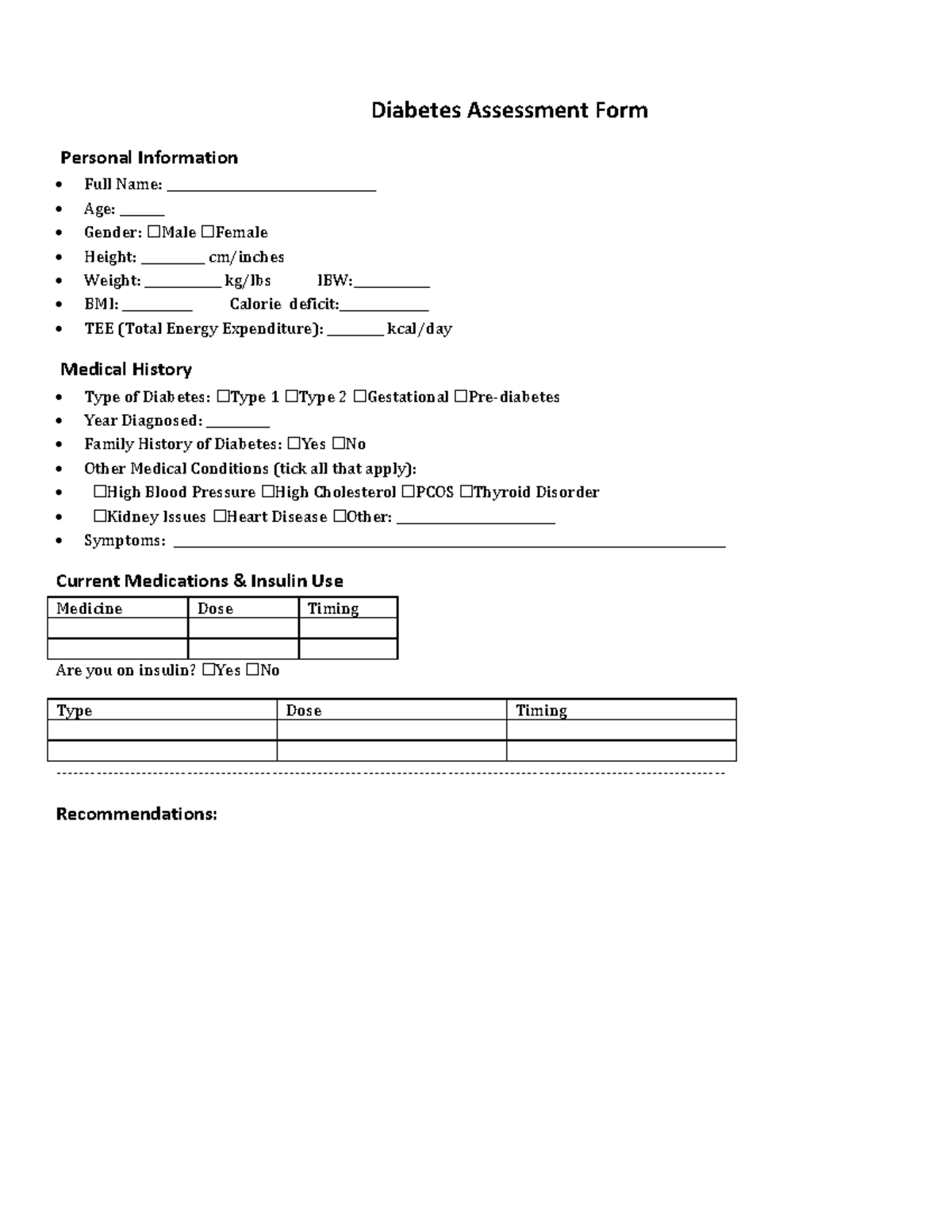 Updated Diabetes Assessment Form 123 - Studocu