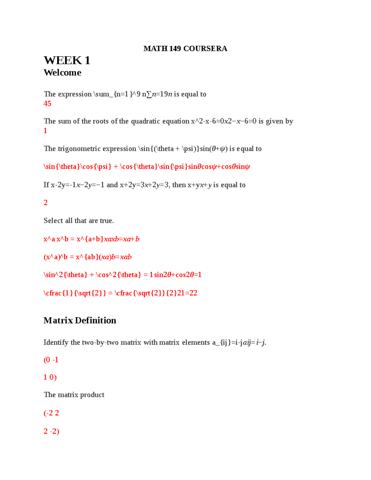 MATH149 Ans Coursera 2 - vbbfbb - MATH 149 COURSERA WEEK 1 Welcome The ...