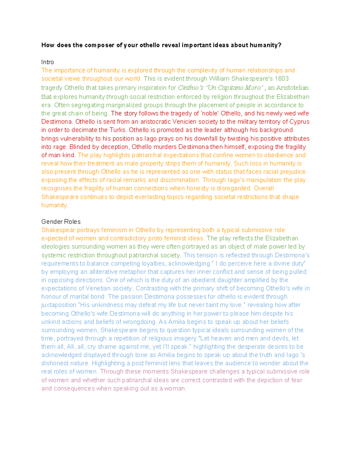 Othello Essay Draft: Exploring Humanity, Gender, and Race in ...