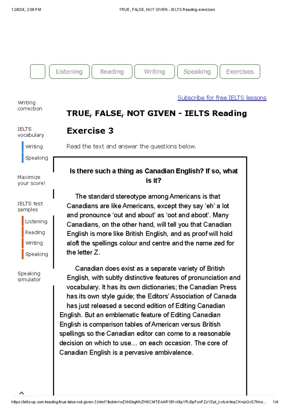 True False Not Given Ielts Reading Exercises Có Key Subscribe For