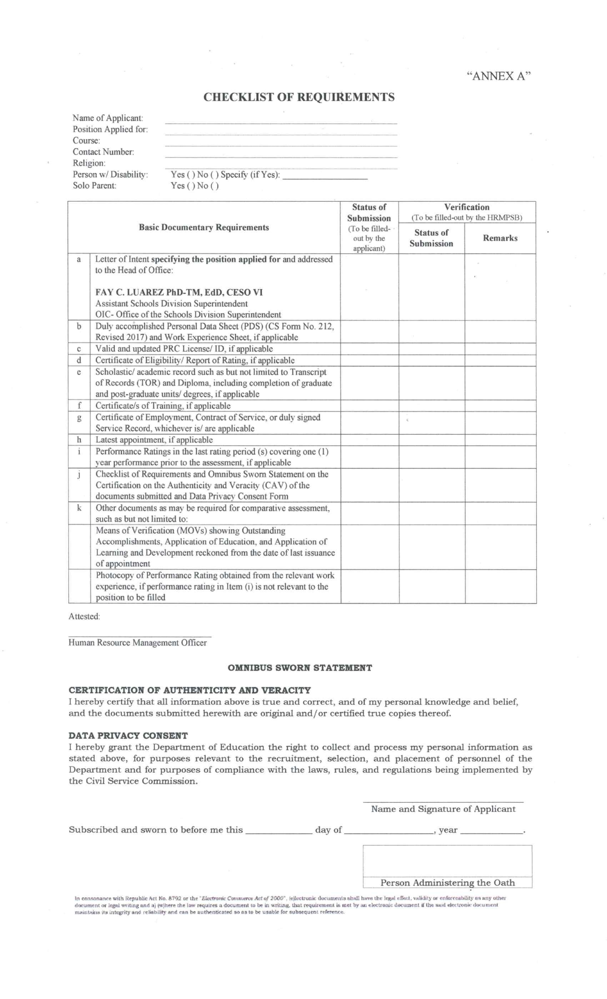 Checklist of Requirements for Application - Annex A Document - Studocu
