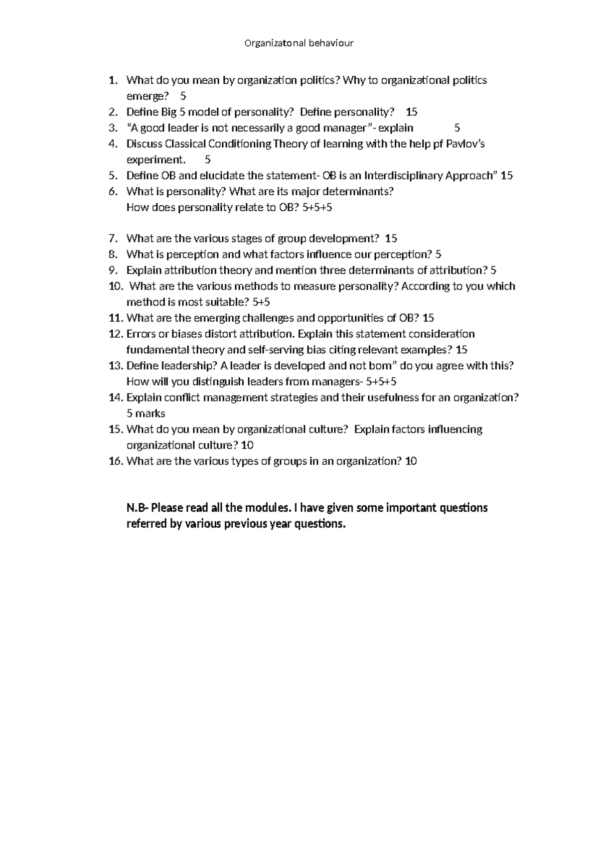OB 101: Important Questions on Organizational Behavior Concepts - Studocu