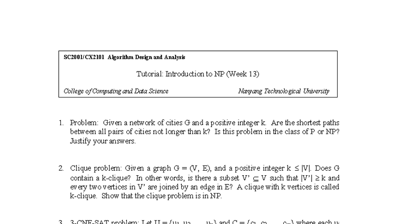 Algorithm Design and Analysis Tutorial: NP Problems (Week 13) - Studocu