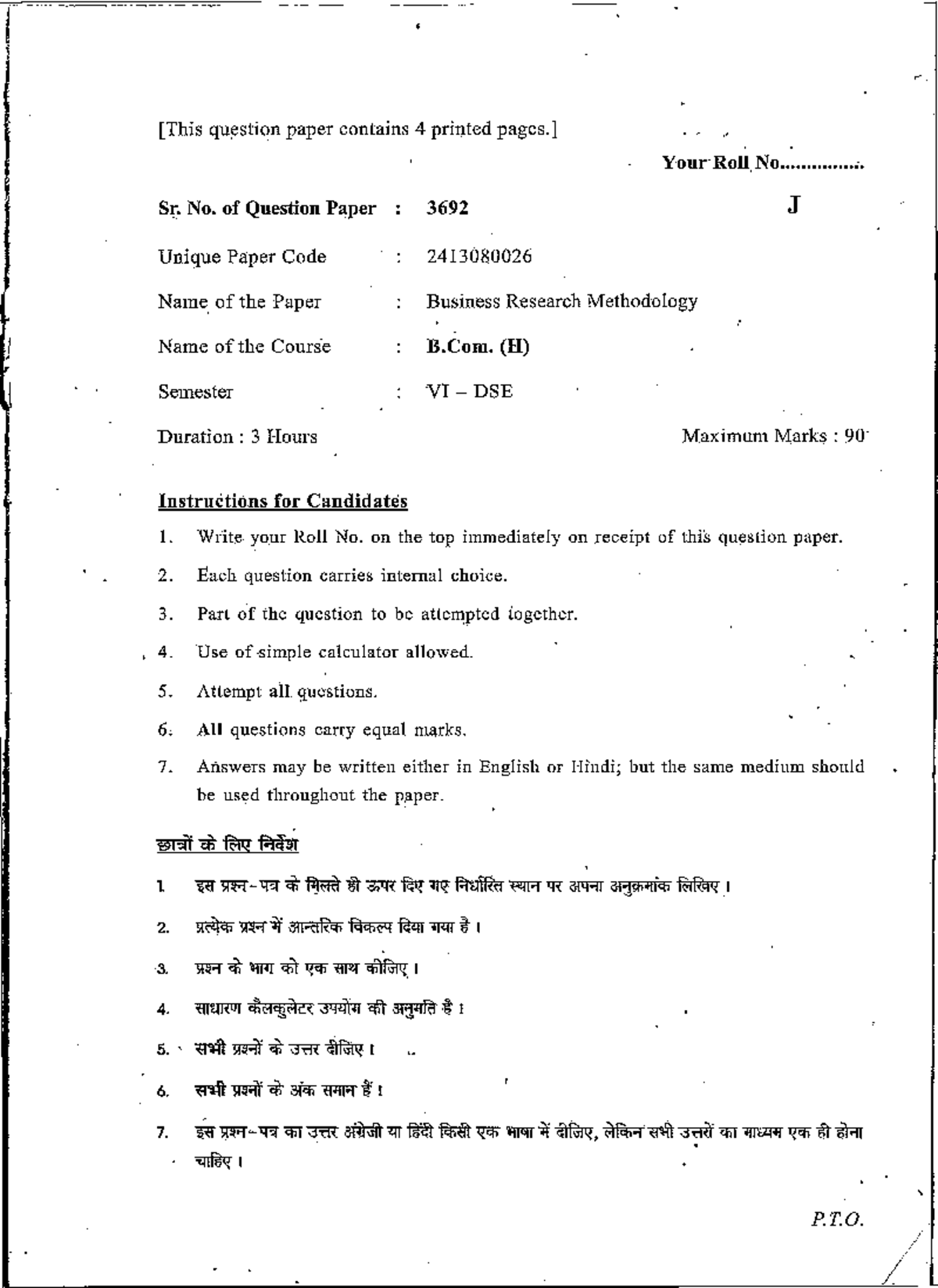 B.Com. (H) DSE Business Research Methodology Question Paper 3692 - Studocu