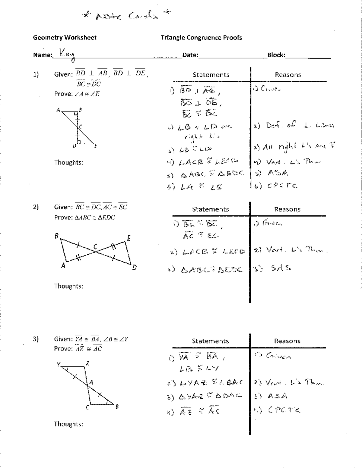 Triangle Congruence Worksheet With Answer Key