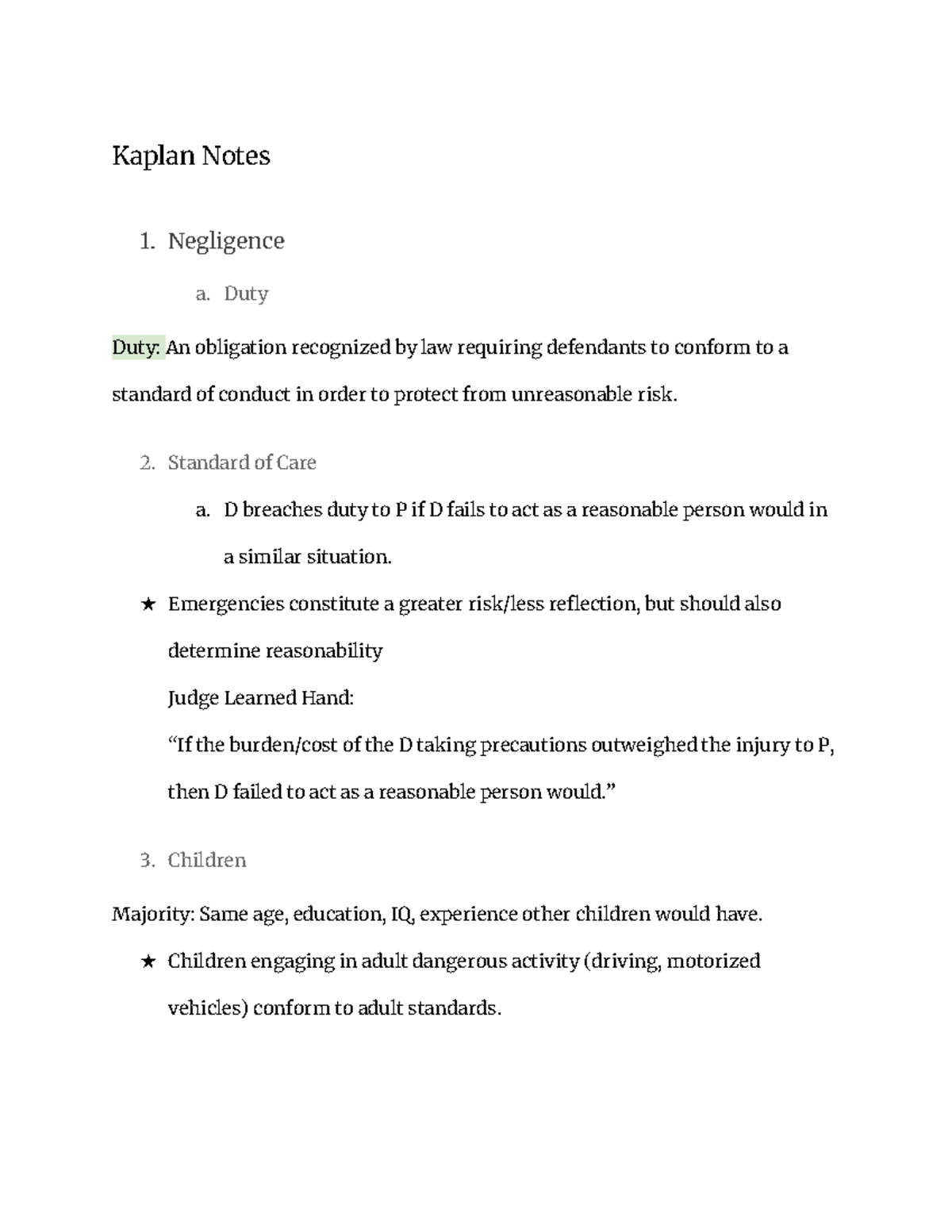 In-Class Notes on Negligence Elements & Standards of Care (LAW 101 ...