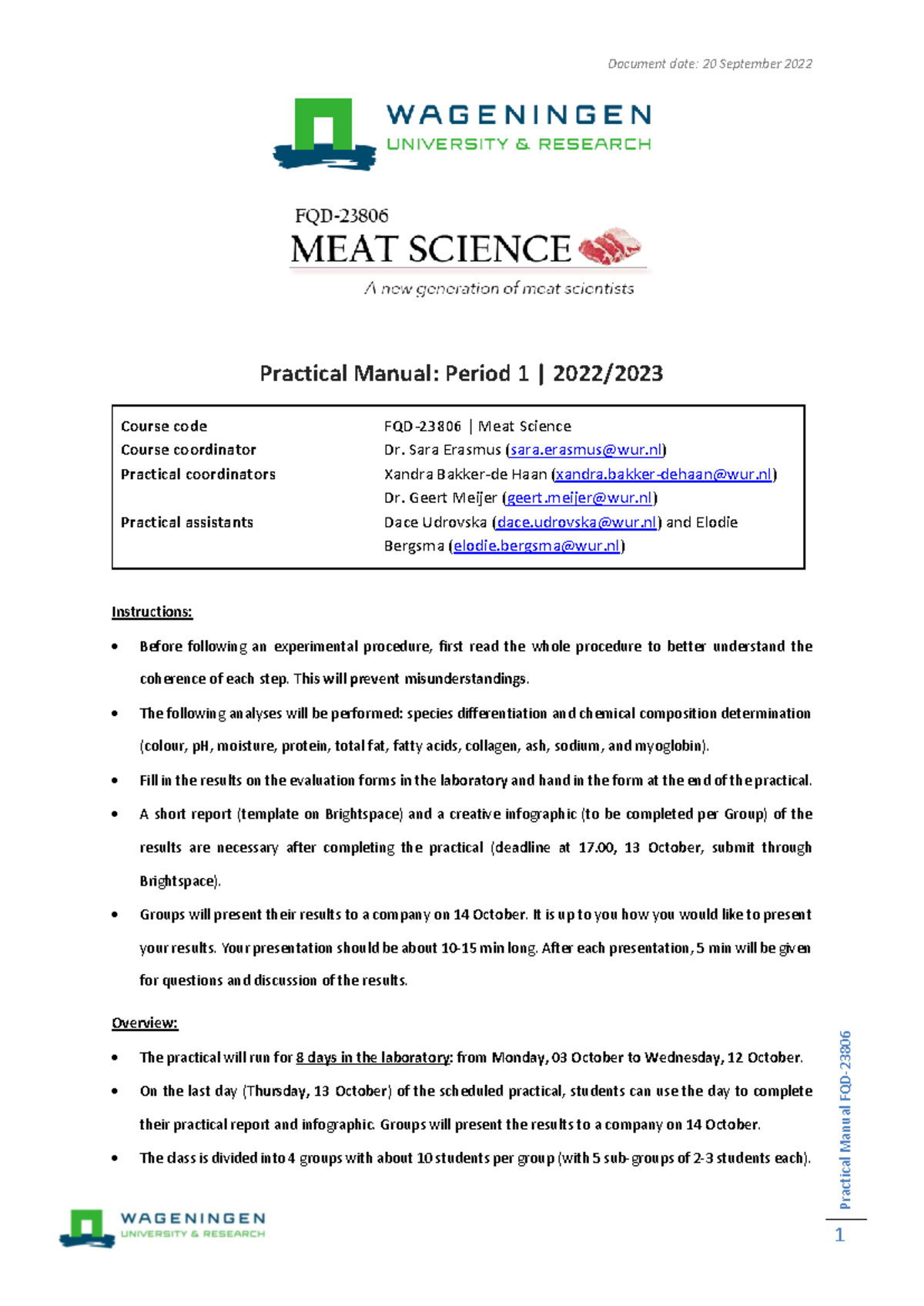 Meat Science 2022: Practical Manual for Period 1 Analysis - Studeersnel