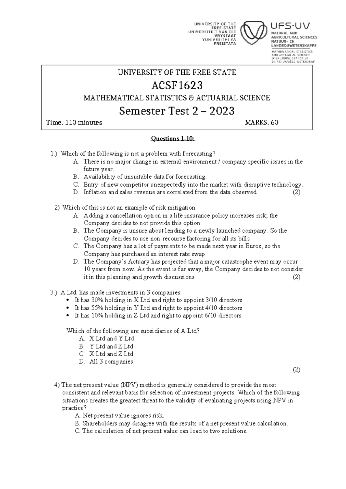 Semester Test 2 ACSF1623 2023 - Practice Questions and Solutions - Studocu