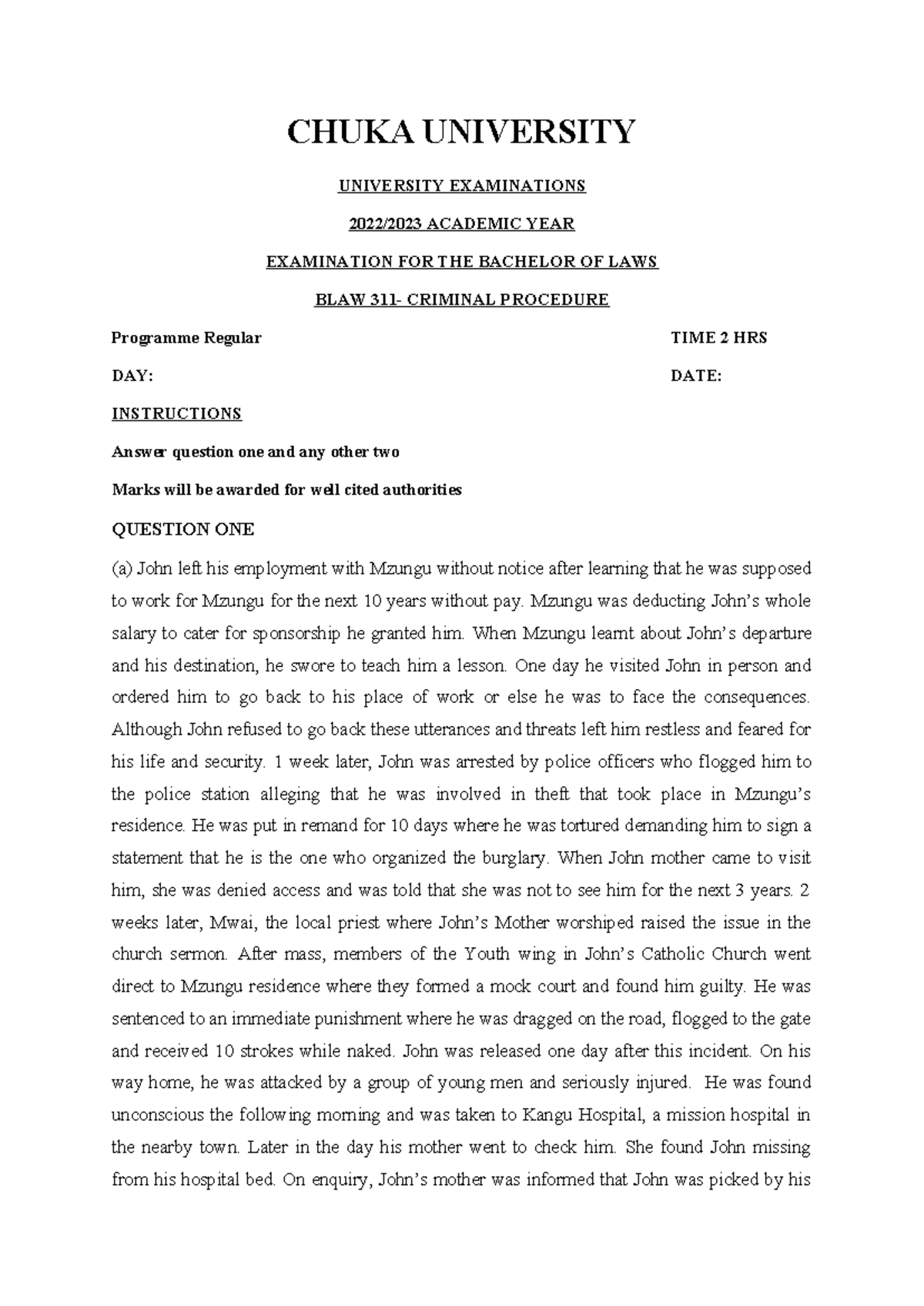 BLAW 311 - Criminal Procedure Exam Questions and Essay Guidance - CHUKA ...