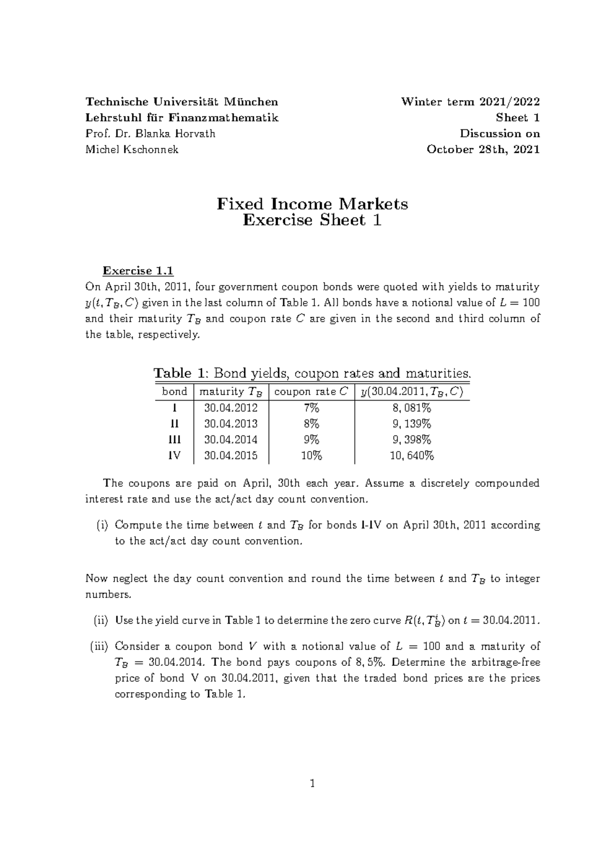Fixed Income 2122 Worksheet 1 Solutions and Analysis - Studocu